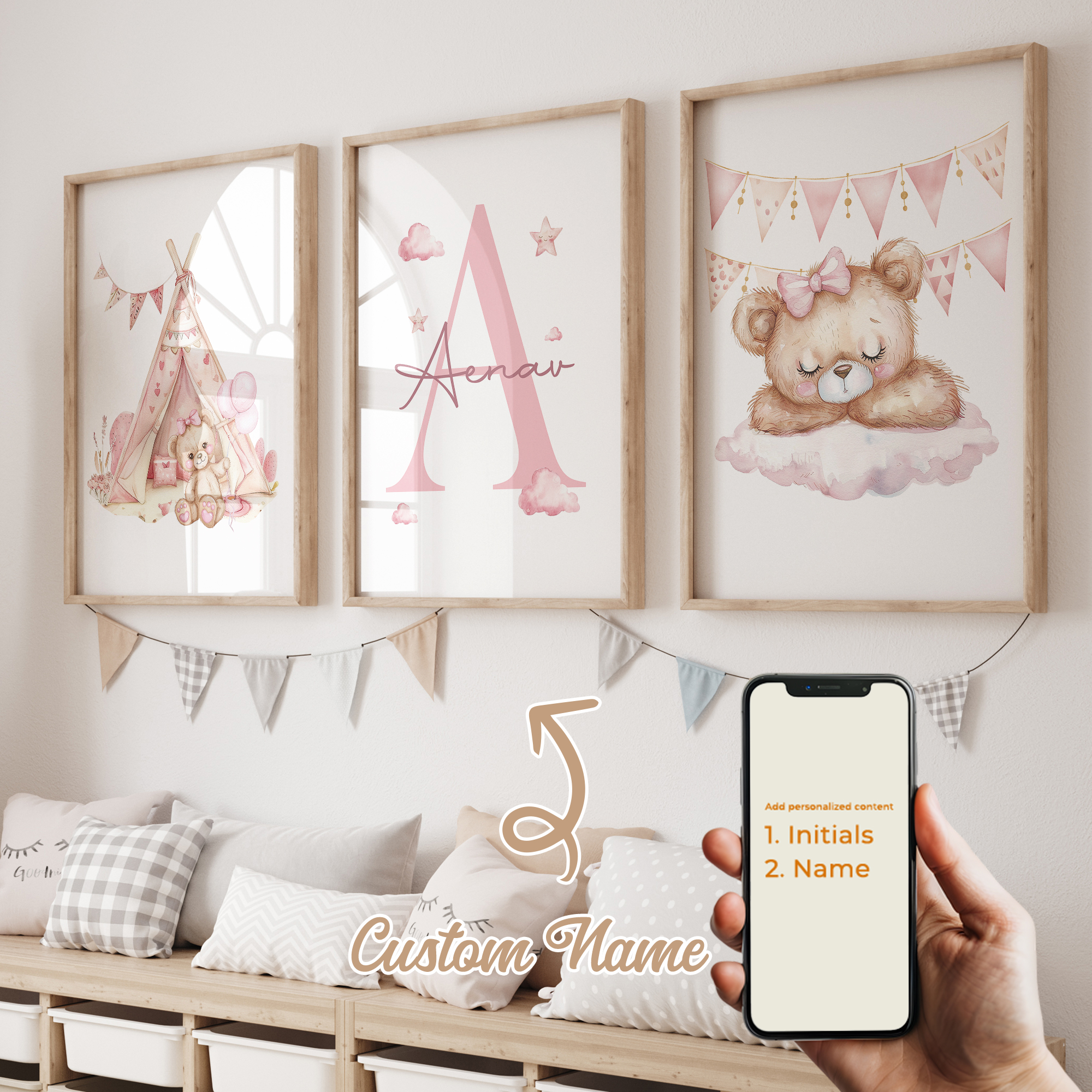 Baby Nursery Name - 3pcs Personalized Custom Name Cartoon Pink