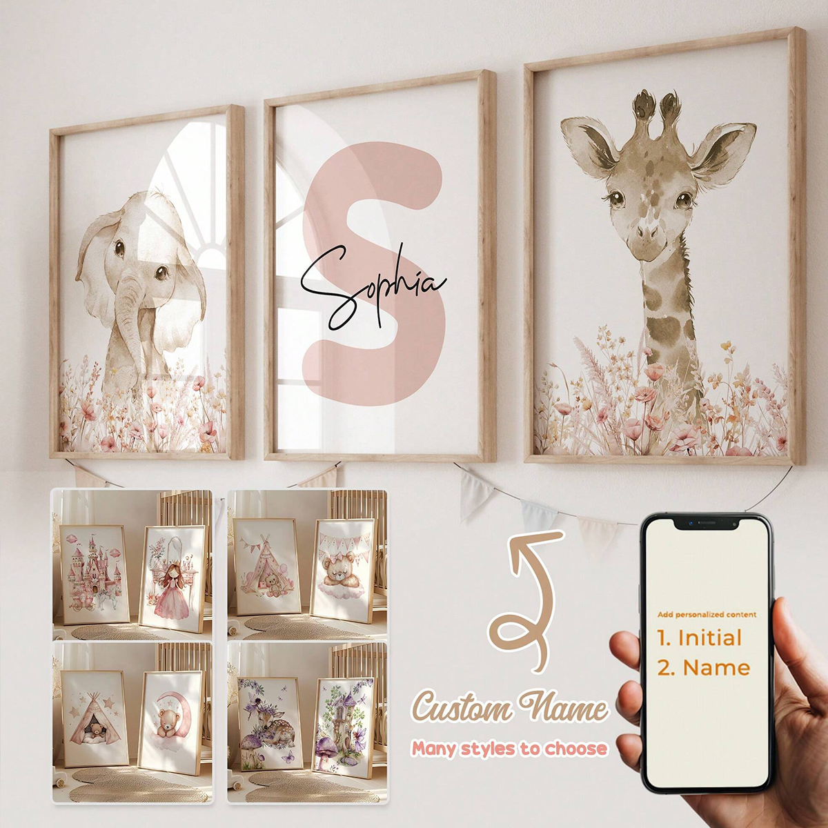 Baby Nursery Name - Custom Name Nursery Wall Art Set,