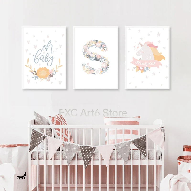 Baby Nursery Wall - 1PC frameless Floral Alphabet Letters Unicorn