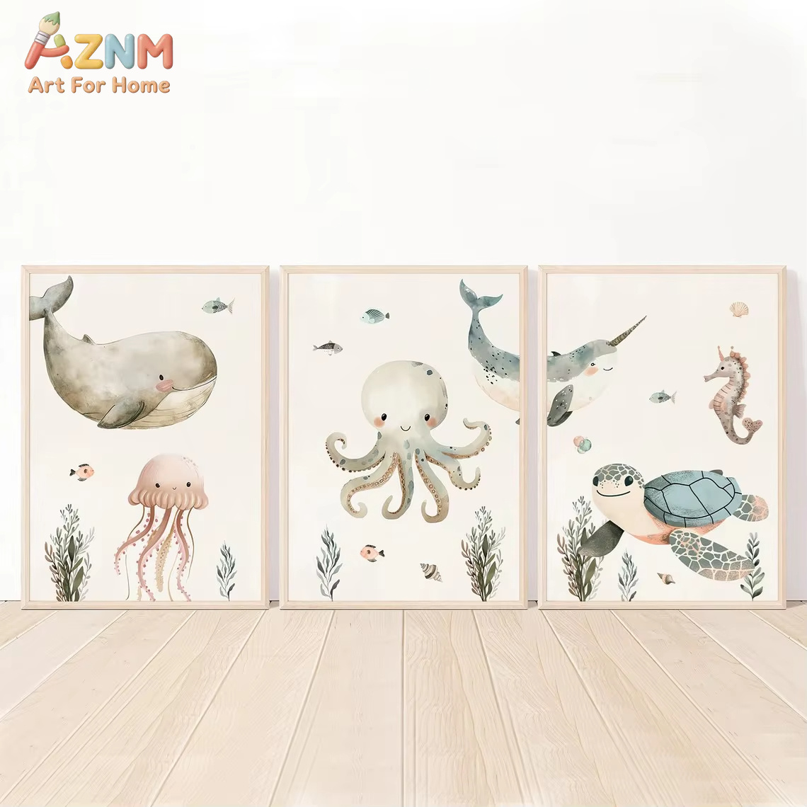 Baby Nursery Wall - AZNM Watercolor Cute Ocean Animal Canvas