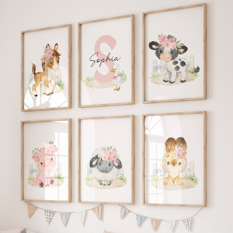 Baby Nursery Pictures - Pink Horse Rabbit Chicken Pig Dog