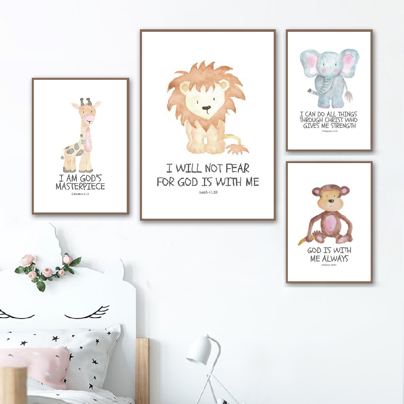Baby Nursery Wall - Bible Verse Animal Prints Watercolor Safari