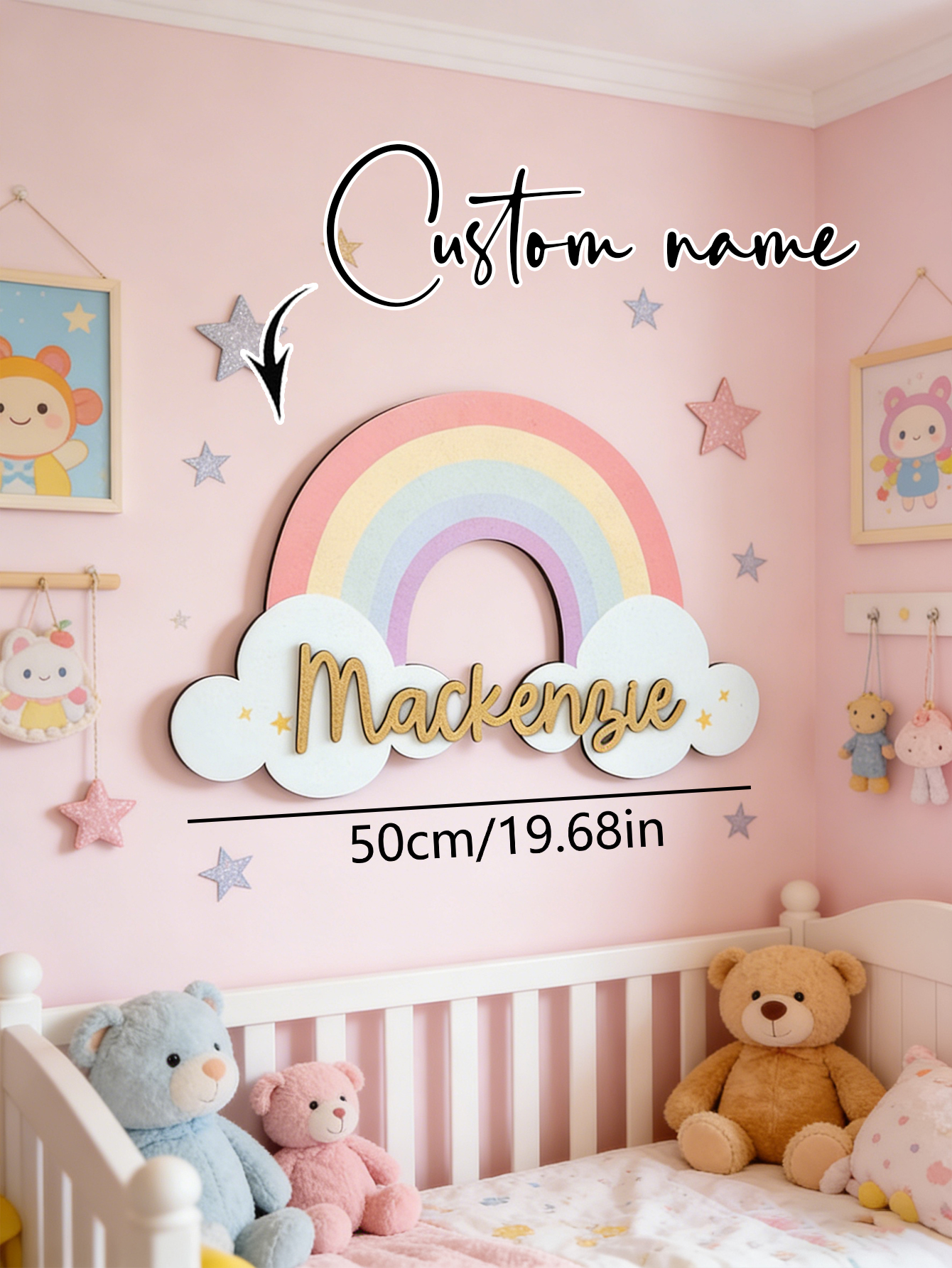 Baby Nursery Name - Custom Pastel Rainbow Cloud Wooden Name